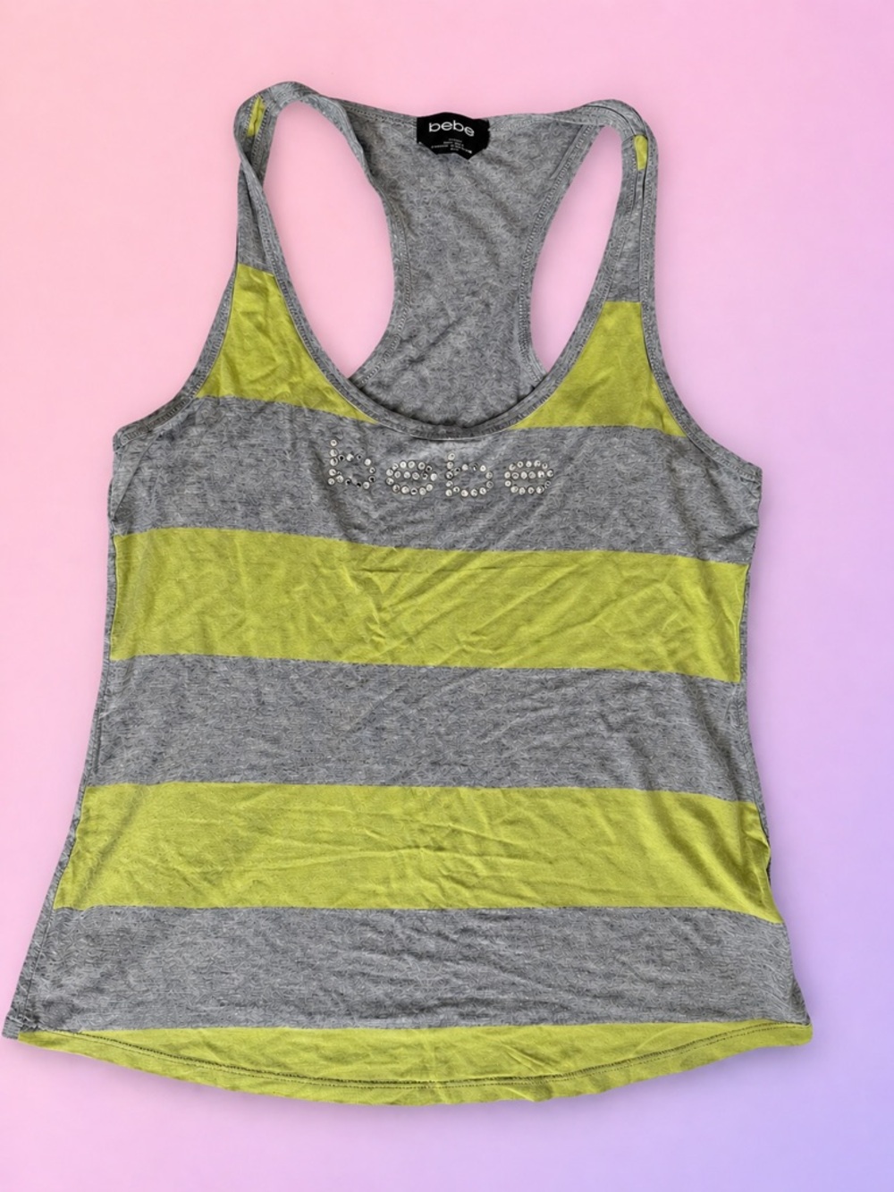 Vintage Y2K Bebe Gray and Yellow Striped Racerback Tank with rihnestone Logo